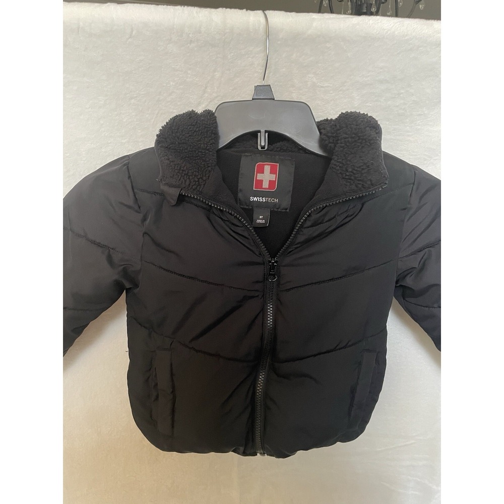 Swiss Tech Toddler Black Puffer Jacket With Sherpa Lined Hood Size 3T